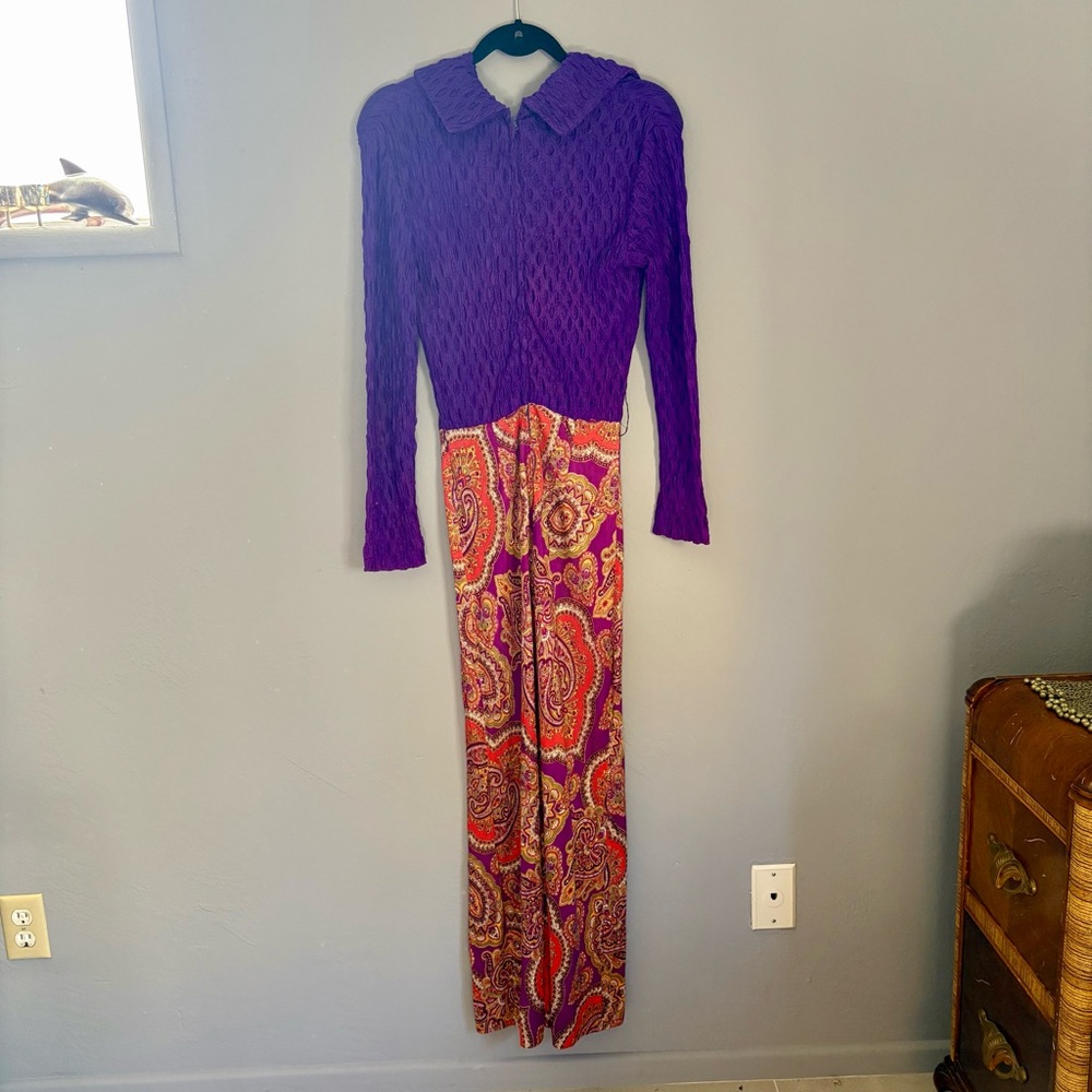 Vintage 60s 70s Psychedelic Paisley Maxi Dress with Corset Vinyl Belt